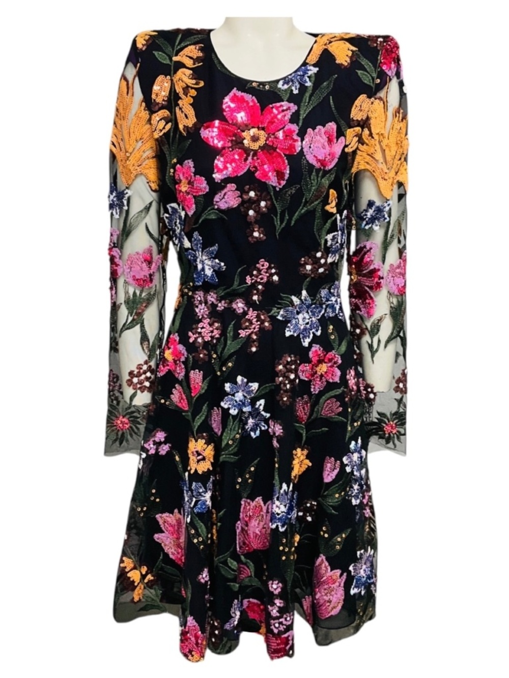 NAEEM KHAN BLACK MULTI FLORAL SEQUINED COCKTAIL DRESS WITH OPEN BACK